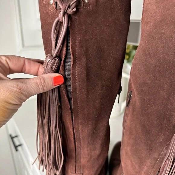 Free People Mahogany Suede Knee-High Fringe Maddox Boots -Size 41 US 10 - Picture 8 of 12